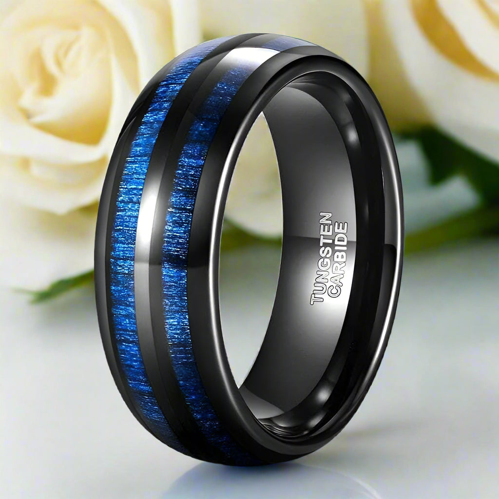 Tungsten Men's Wedding Band with Blue Maple Inlay-Evani Naomi Jewelry