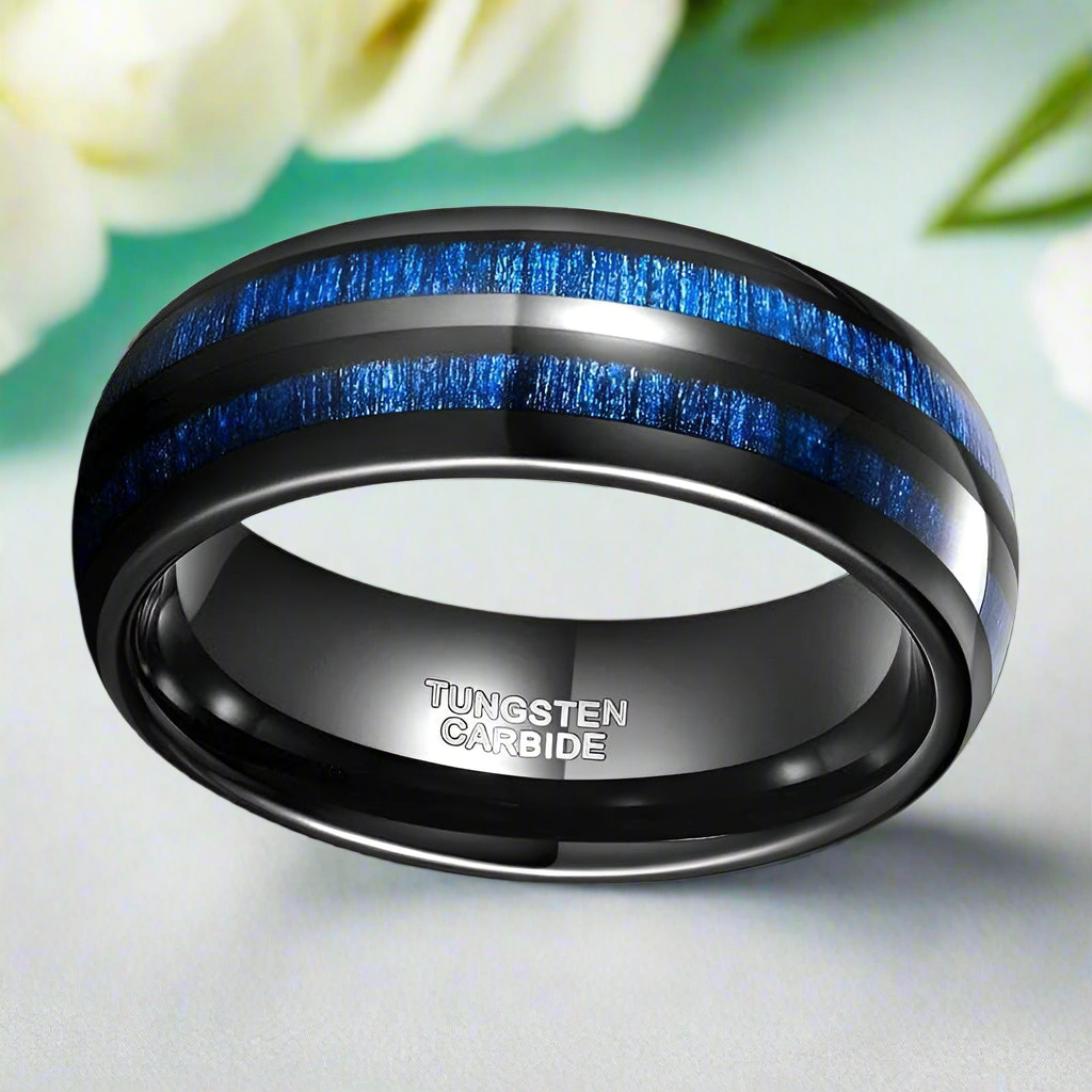 Tungsten Men's Wedding Band with Blue Maple Inlay - Evani Naomi Jewelry