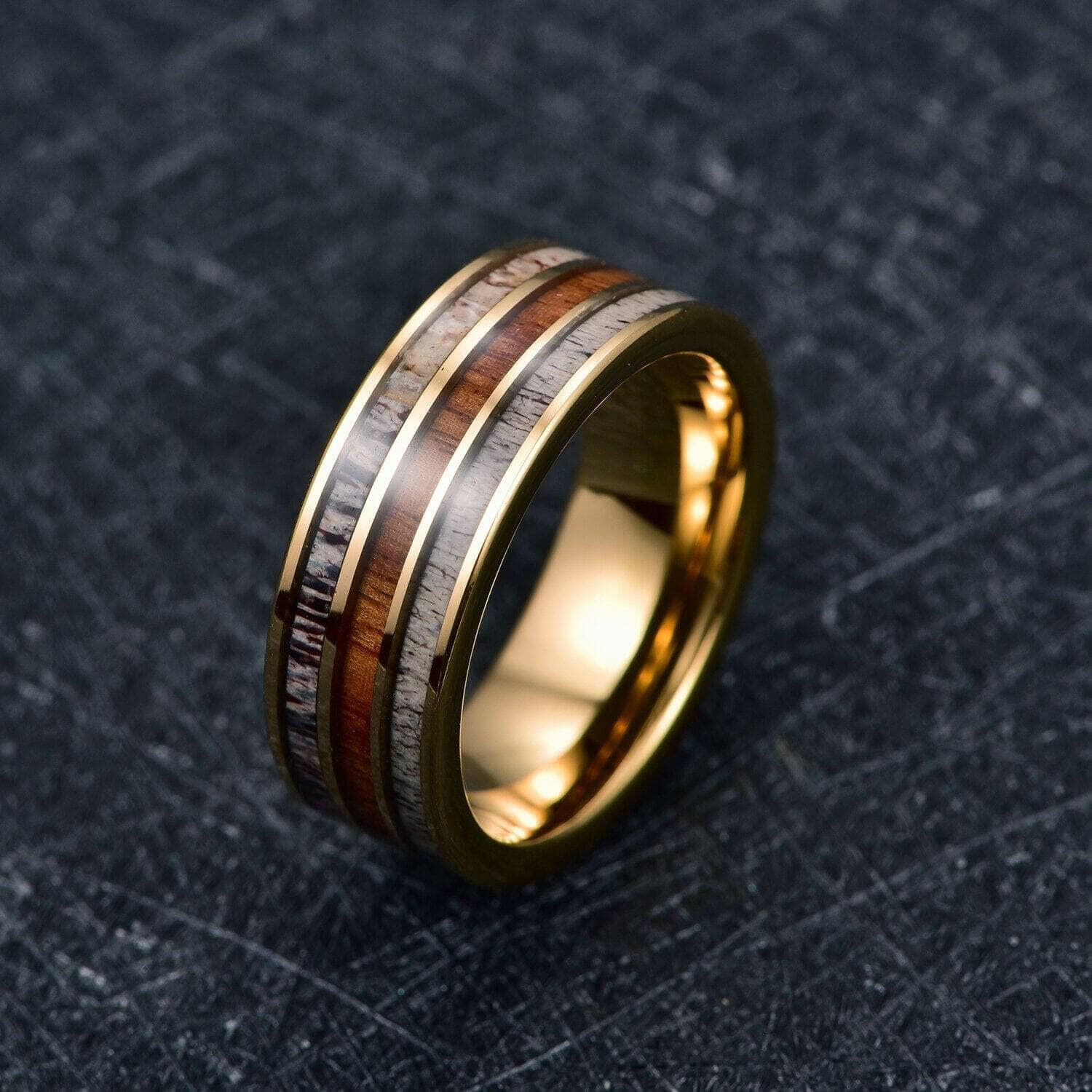 Tungsten Men's Wedding Band with Deer Antler & Wood Grain Inlay-Evani Naomi Jewelry