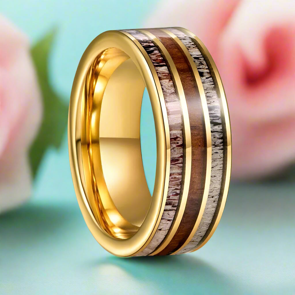 Tungsten Men's Wedding Band with Deer Antler & Wood Grain Inlay-Evani Naomi Jewelry