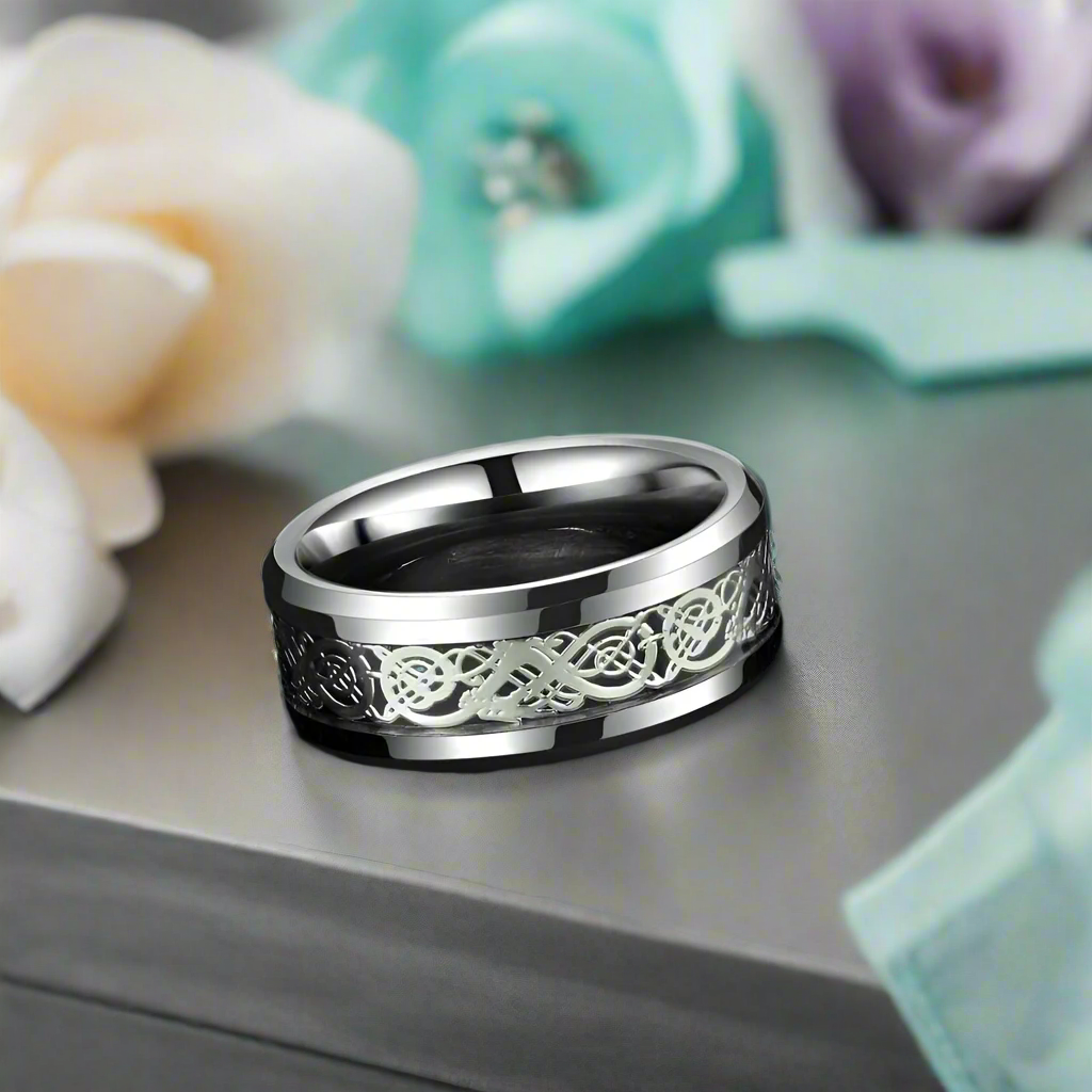 Tungsten Men's Wedding Band with Dragon Inlay-Evani Naomi Jewelry