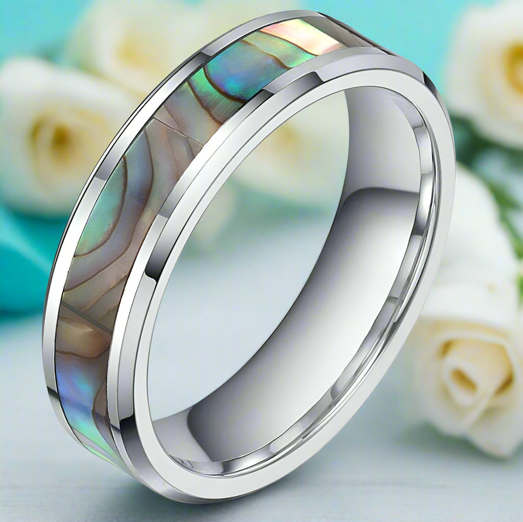 Tungsten Men's Wedding Band with Green Abalone Inlay-Evani Jewelry