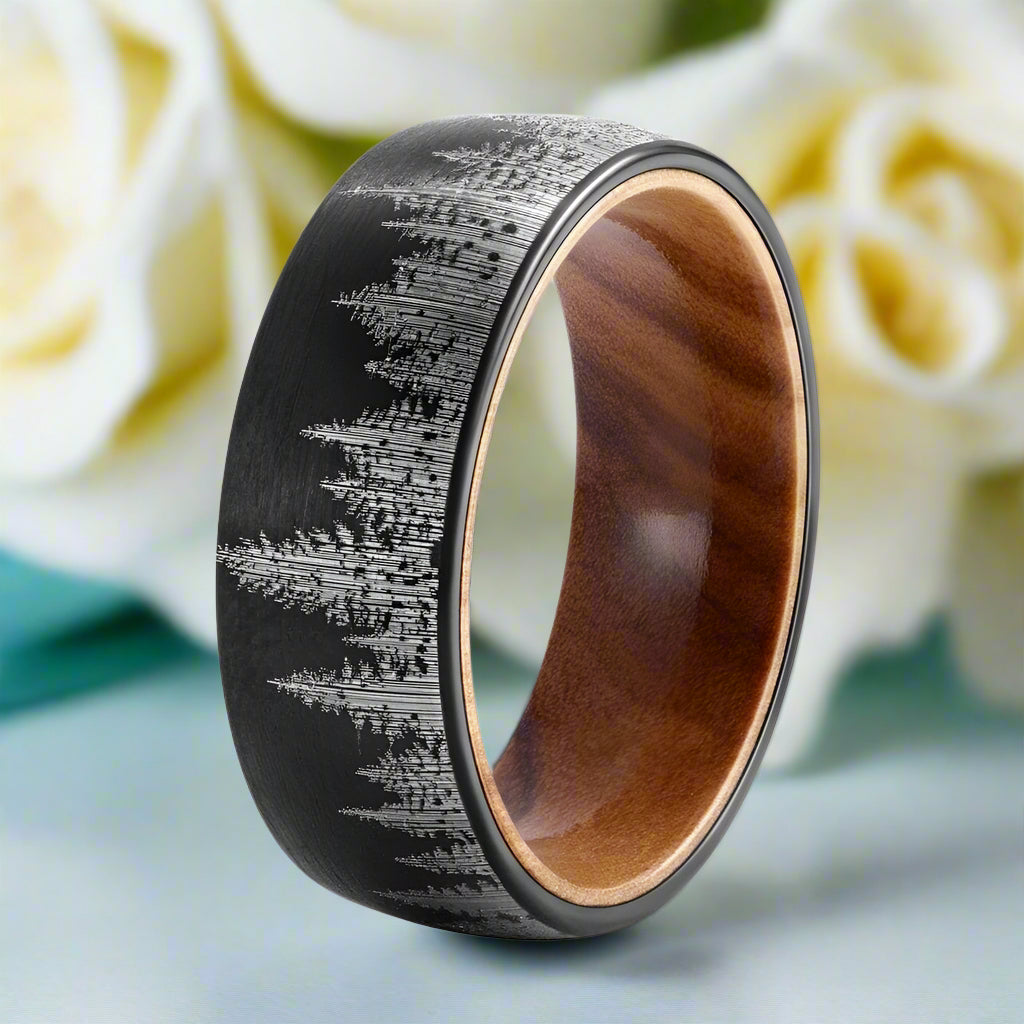 Tungsten Men's Wedding Band with Solid Inner Wood & Laser Forest Pattern-Evani Naomi Jewelry