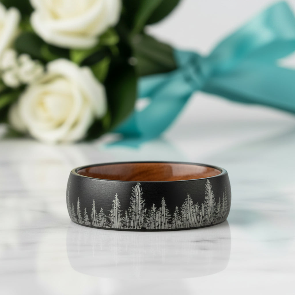 Tungsten Men's Wedding Band with Solid Inner Wood & Laser Forest Pattern-Evani Jewelry