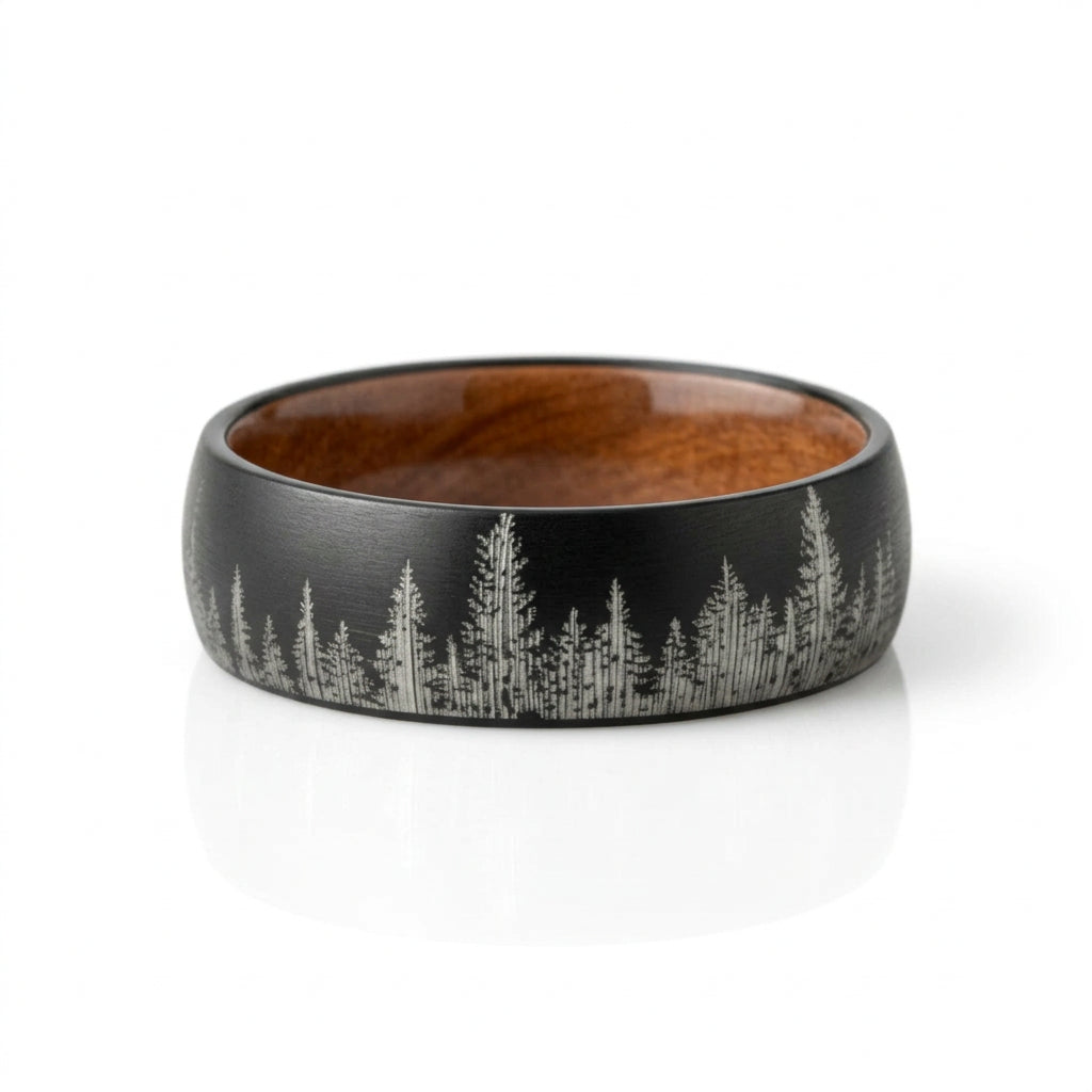 Tungsten Men's Wedding Band with Solid Inner Wood & Laser Forest Pattern