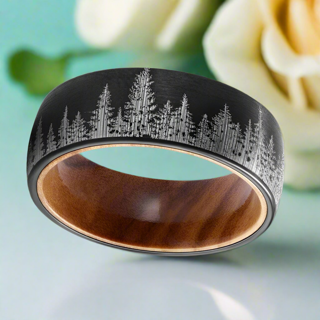 Tungsten Men's Wedding Band with Solid Inner Wood & Laser Forest Pattern - Evani Naomi Jewelry