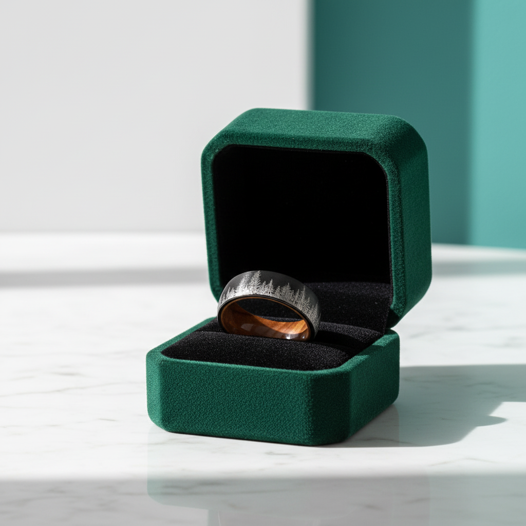 Tungsten Men's Wedding Band with Solid Inner Wood & Laser Forest Pattern - Evani Naomi Jewelry