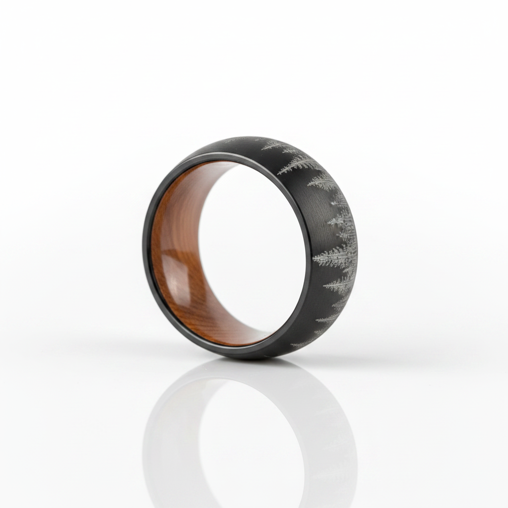 Tungsten Men's Wedding Band with Solid Inner Wood & Laser Forest Pattern - Evani Naomi Jewelry