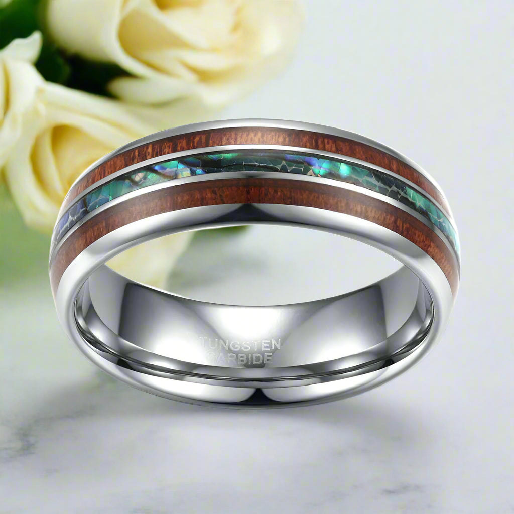 Tungsten Men's Wedding Band with Wood & Abalone Shell-Evani Naomi Jewelry