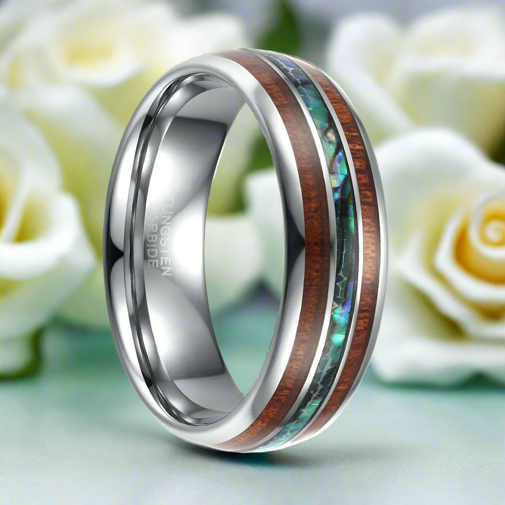 Tungsten Men's Wedding Band with Wood & Abalone Shell - Evani Naomi Jewelry