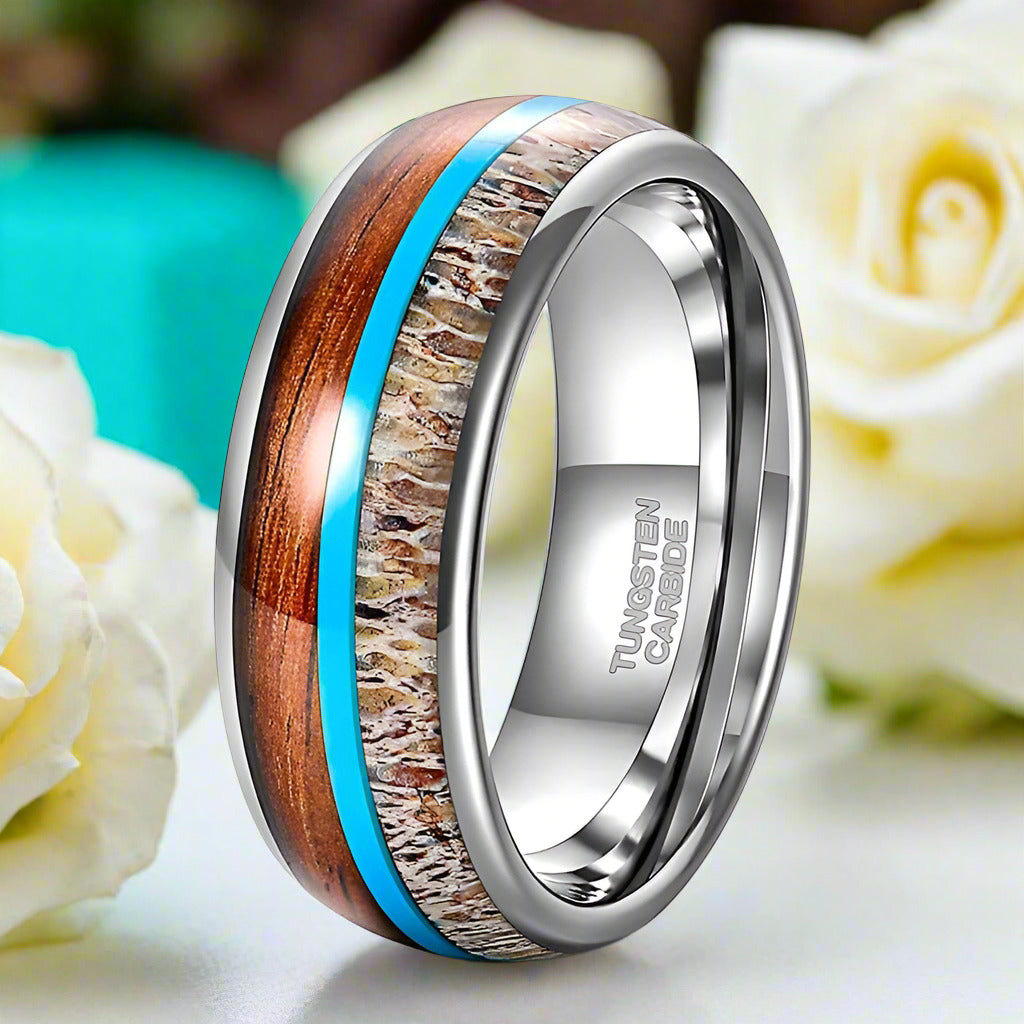 Tungsten Men's Wedding Band with Wood, Malachite, & Antler Inlay-Evani Naomi Jewelry