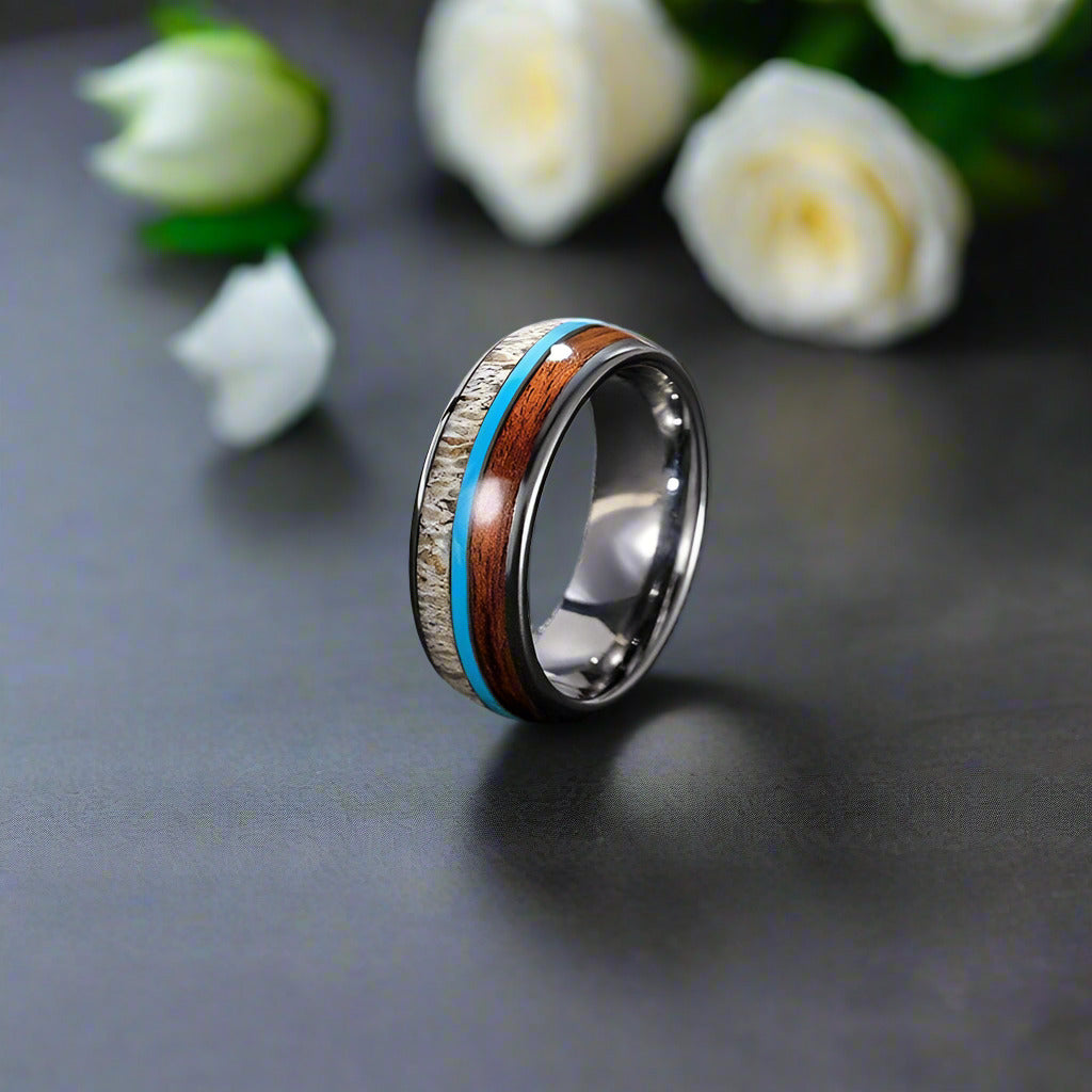 Tungsten Men's Wedding Band with Wood, Malachite, & Antler Inlay-Evani Naomi Jewelry