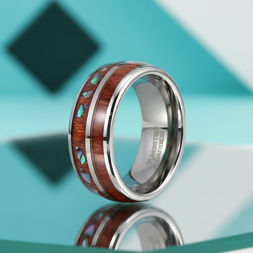 Tungsten Men's Wedding Band with Wood & Shell Inlay-Evani Jewelry
