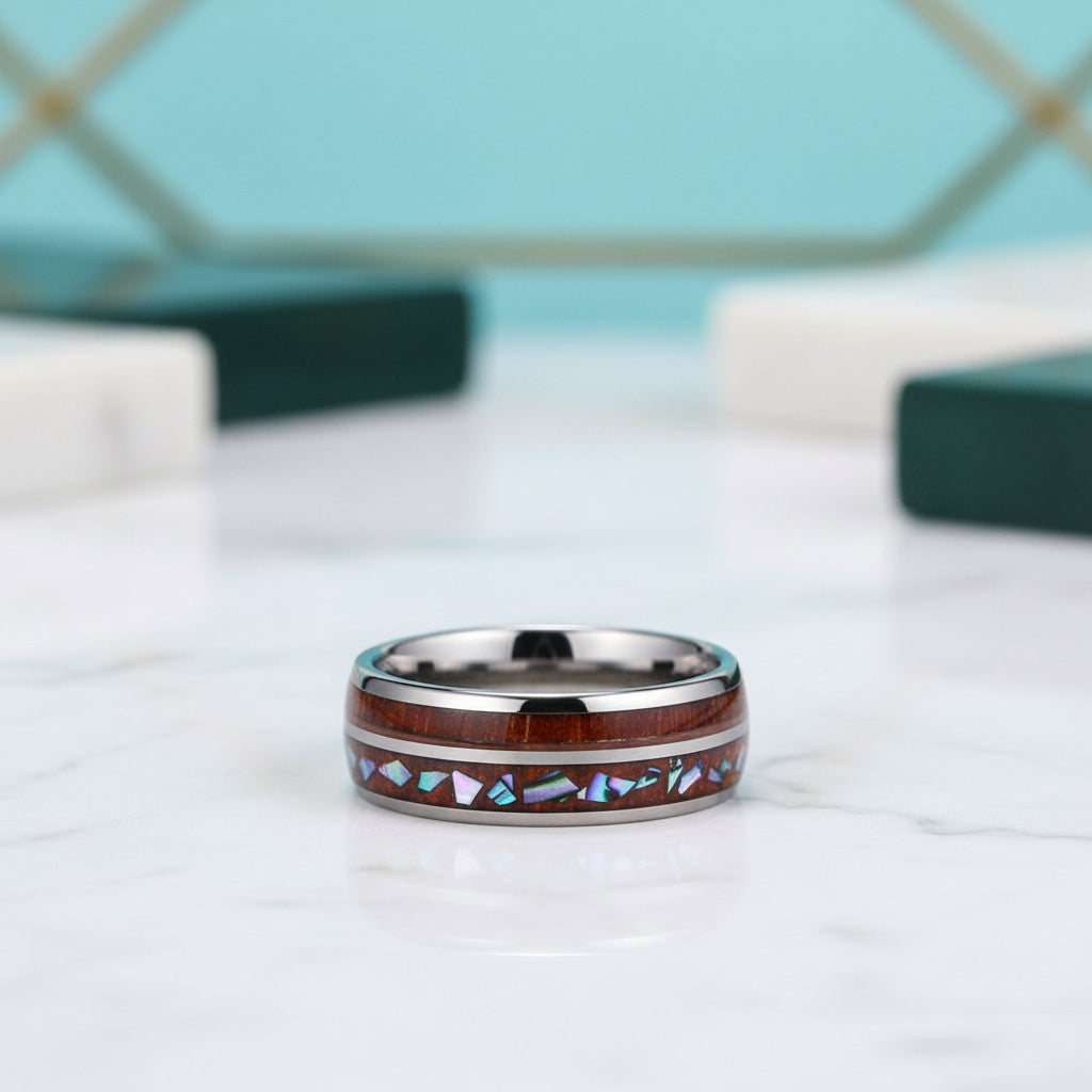 Tungsten Men's Wedding Band with Wood & Shell Inlay-Evani Jewelry