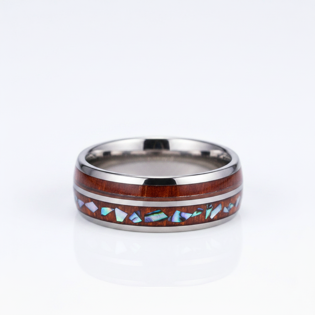 Tungsten Men's Wedding Band with Wood & Shell Inlay - Evani Naomi Jewelry