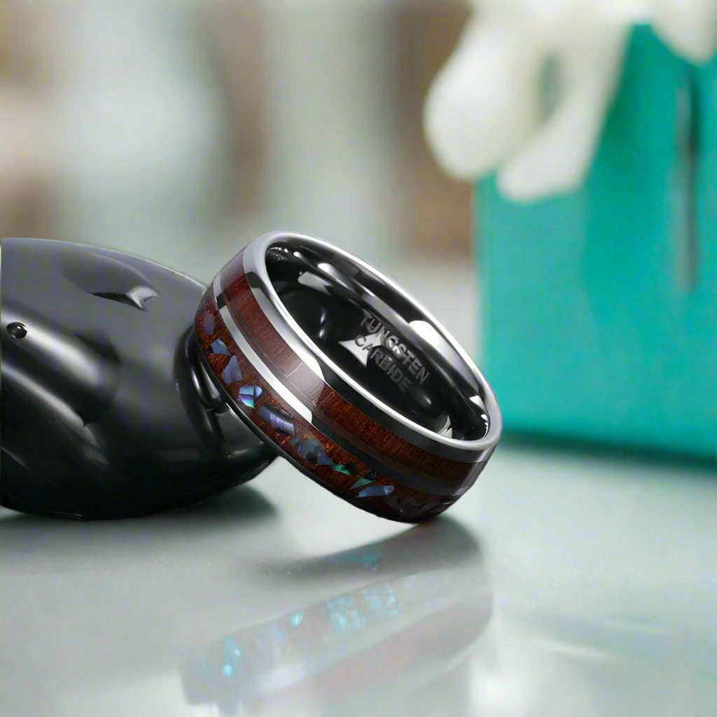 Tungsten Men's Wedding Band with Wood & Shell Inlay-Evani Naomi Jewelry