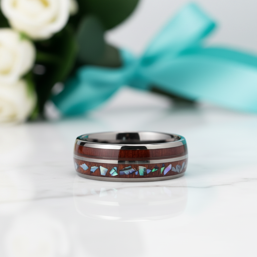 Tungsten Men's Wedding Band with Wood & Shell Inlay-Evani Jewelry