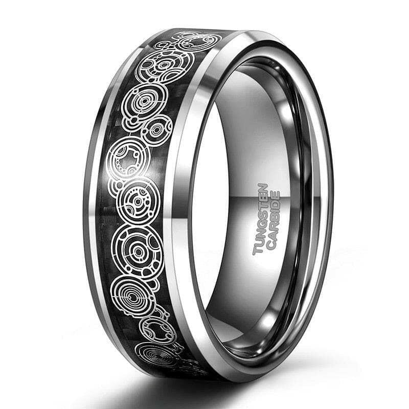 Tungsten Unisex Wedding Band with Carbon Fiber Steampunk Wheel Inlay-Evani Naomi Jewelry