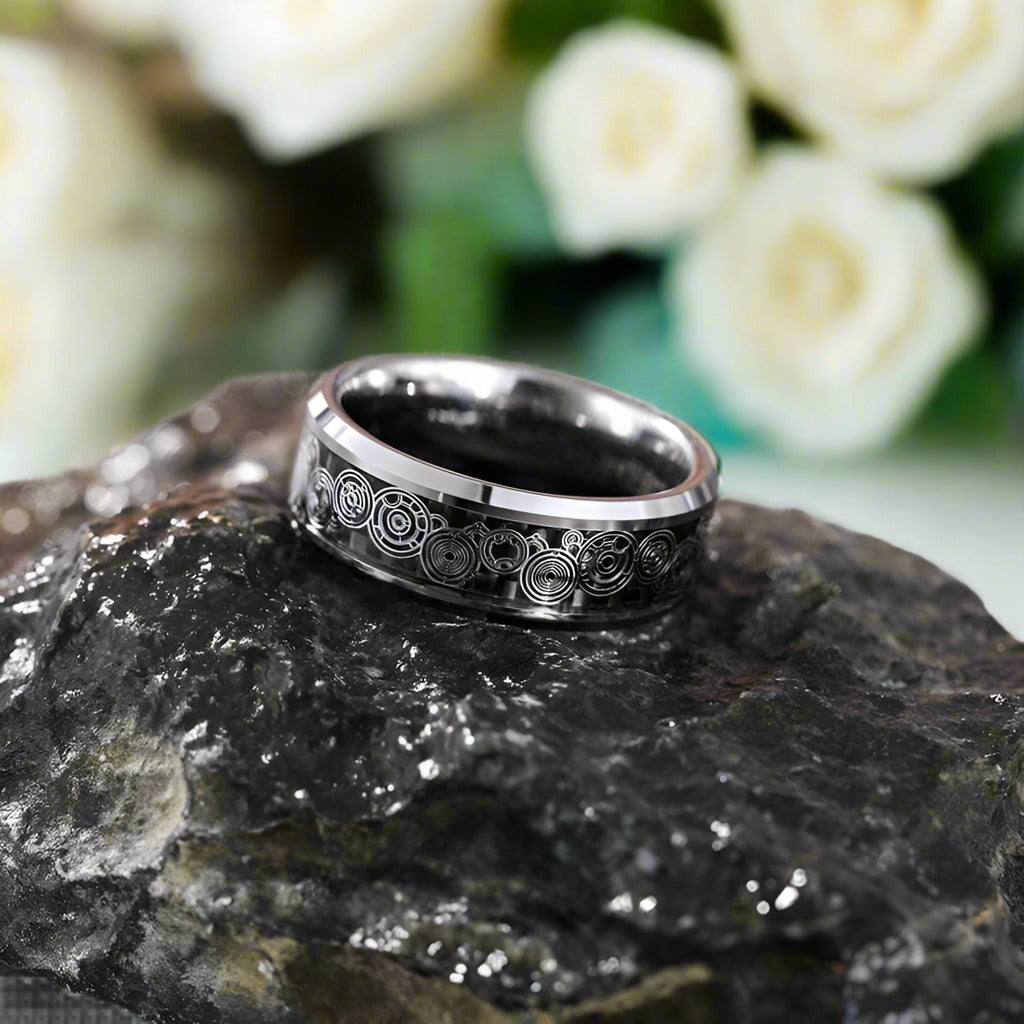 Tungsten Unisex Wedding Band with Carbon Fiber Steampunk Wheel Inlay-Evani Naomi Jewelry