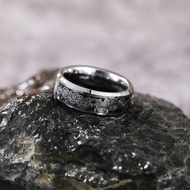 Tungsten Unisex Wedding Band with Carbon Fiber Steampunk Wheel Inlay-Evani Naomi Jewelry