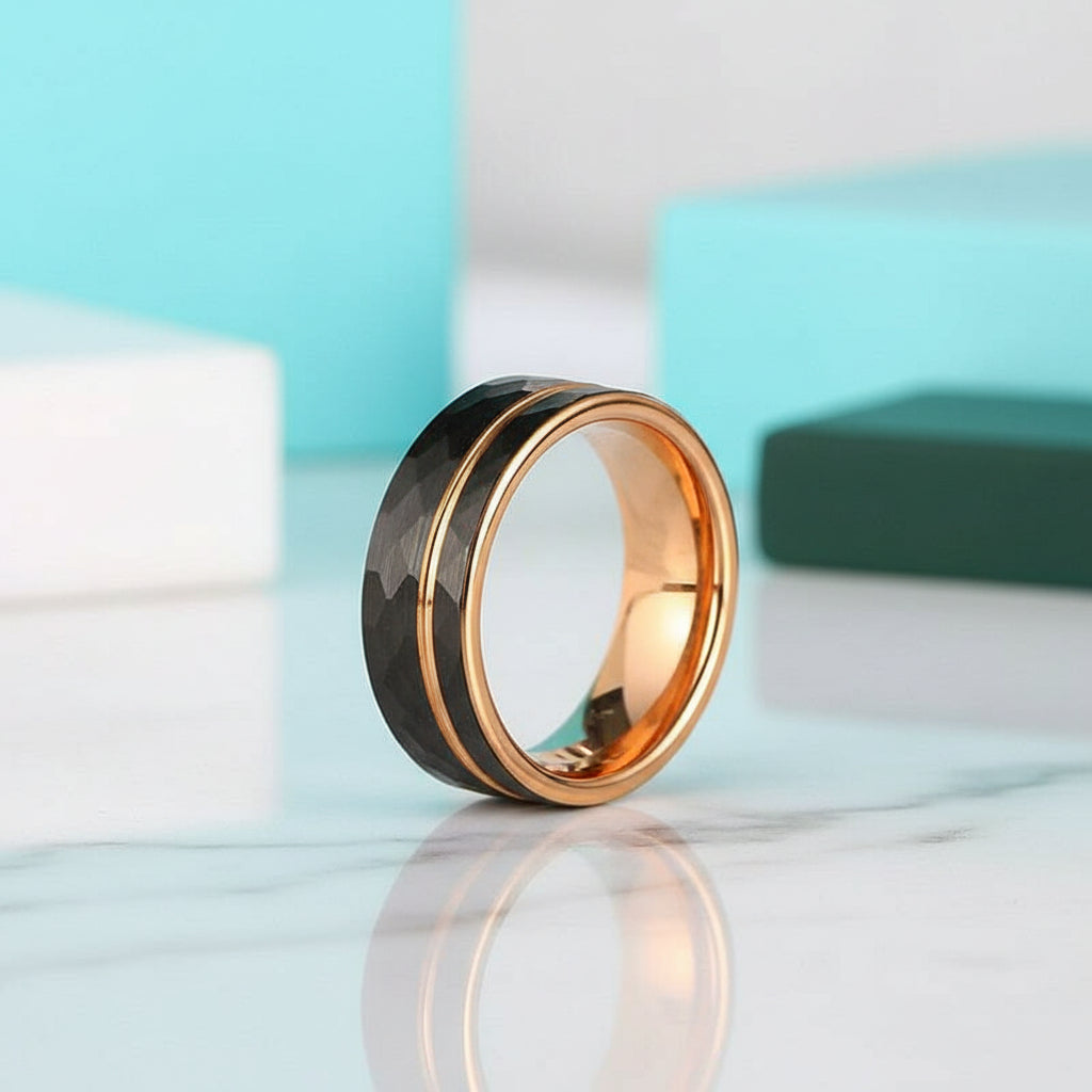 Tungsten Wedding Band in Two-Tone Black & Rose Gold-Evani Jewelry