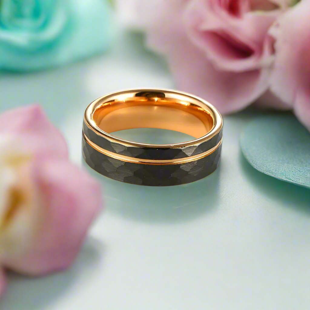 Tungsten Wedding Band in Two-Tone Black & Rose Gold-Evani Naomi Jewelry