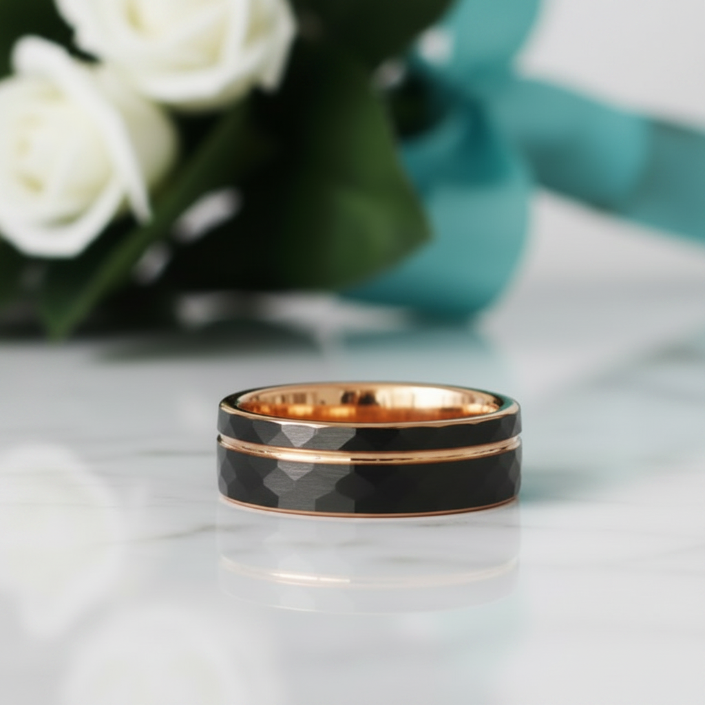 Tungsten Wedding Band in Two-Tone Black & Rose Gold-Evani Jewelry