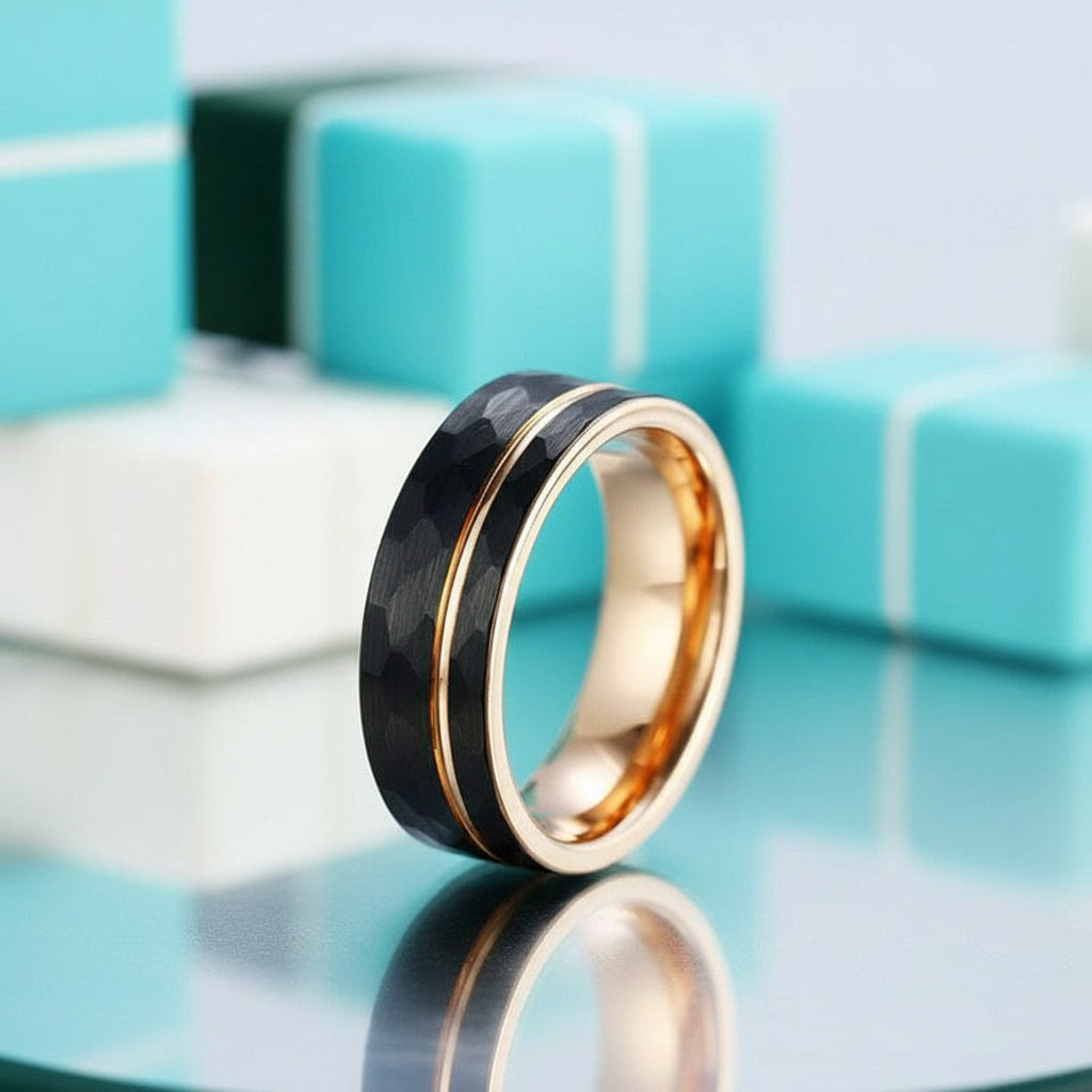 Tungsten Wedding Band in Two-Tone Black & Rose Gold-Evani Jewelry