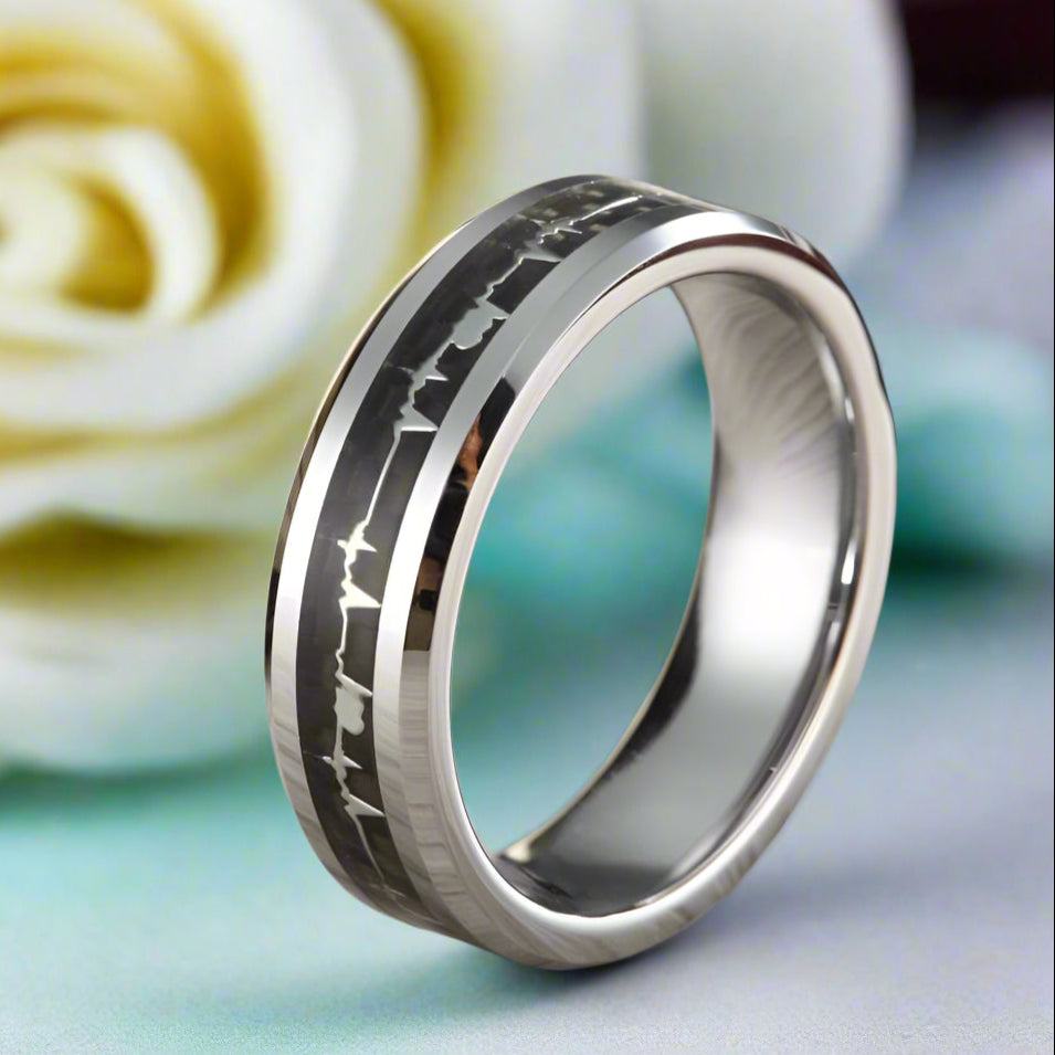 Tungsten Wedding Band with Carbon Fiber Cardiogram Inlay-Evani Naomi Jewelry