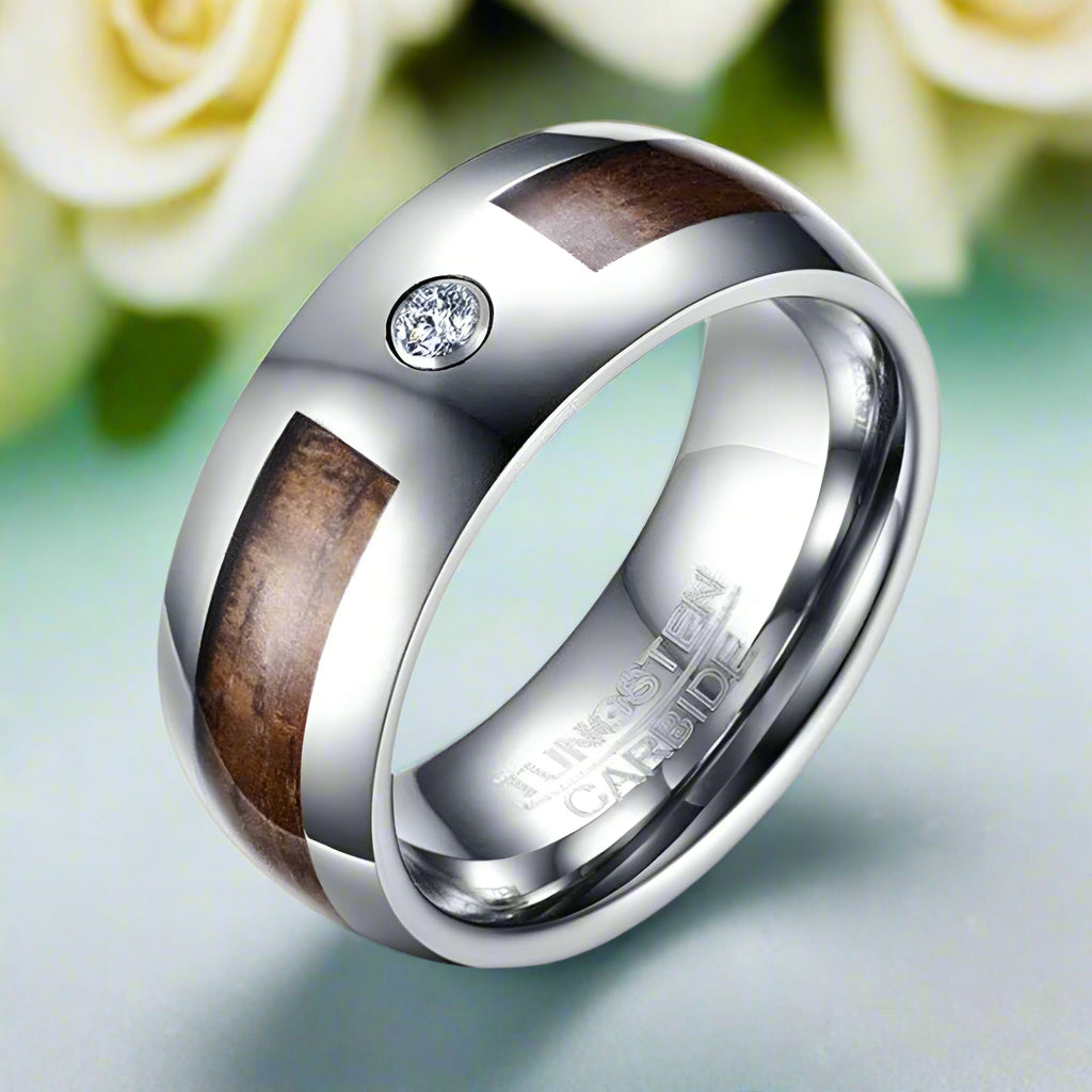 Tungsten Wedding Band with Diamond Alternative & Wood Inlay-Evani Jewelry