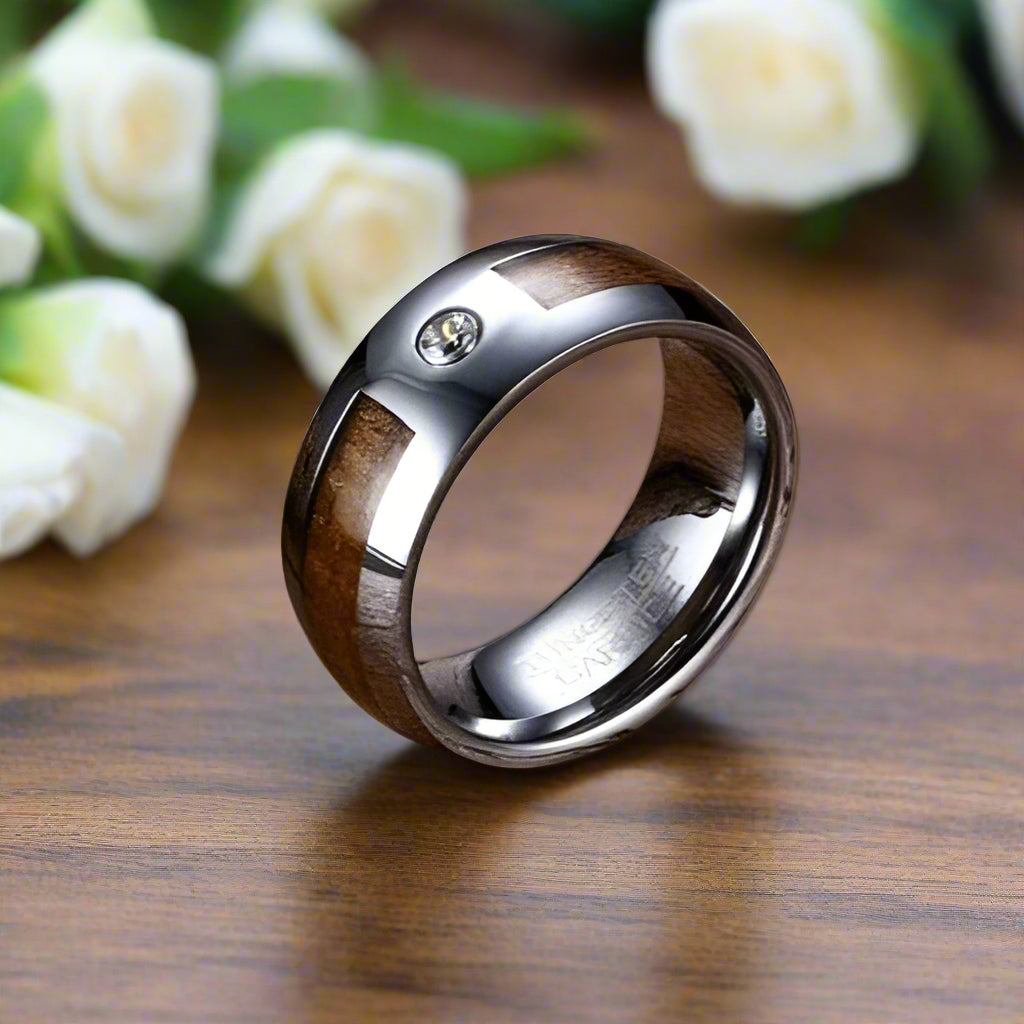 Tungsten Wedding Band with Diamond Alternative & Wood Inlay-Evani Jewelry