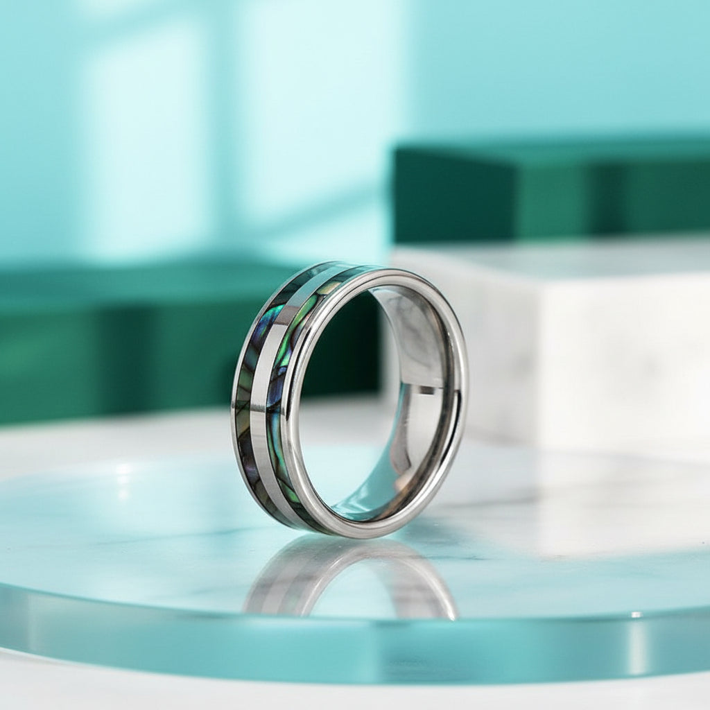 Tungsten Wedding Band with Double Abalone Shell Inlay-Evani Jewelry