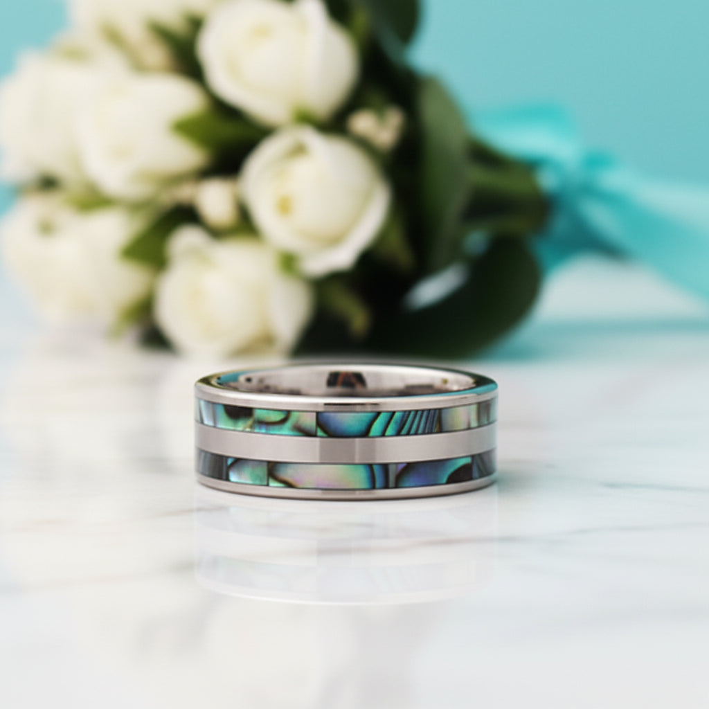 Tungsten Wedding Band with Double Abalone Shell Inlay-Evani Jewelry