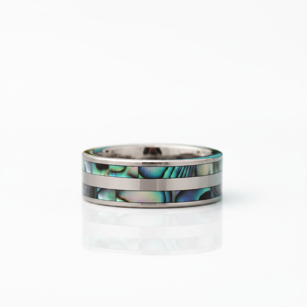 Tungsten Wedding Band with Double Abalone Shell Inlay - Evani Naomi Jewelry