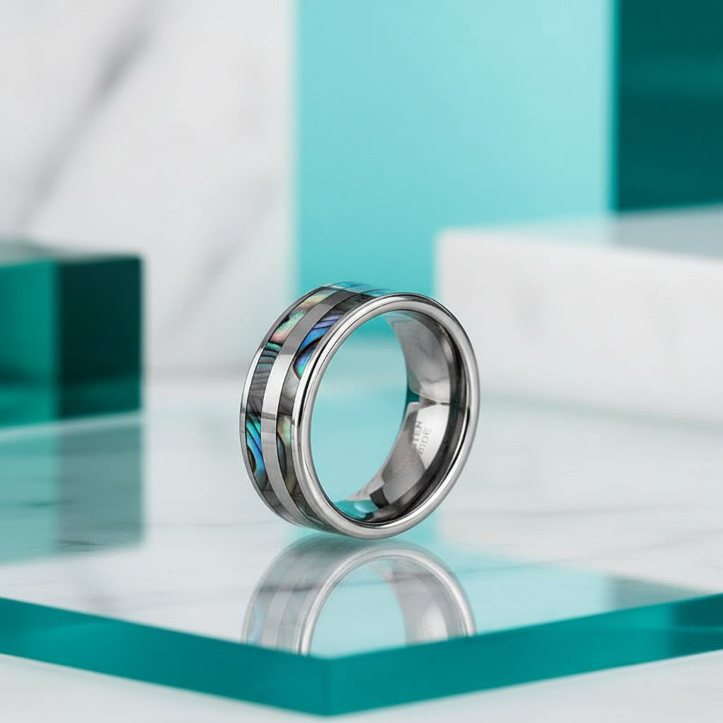 Tungsten Wedding Band with Double Abalone Shell Inlay-Evani Jewelry