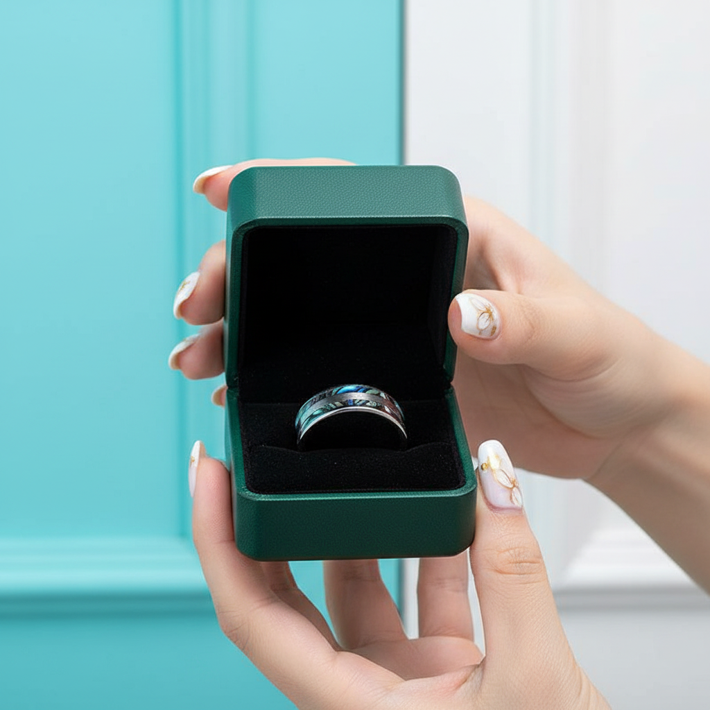 Tungsten Wedding Band with Double Abalone Shell Inlay - Evani Naomi Jewelry
