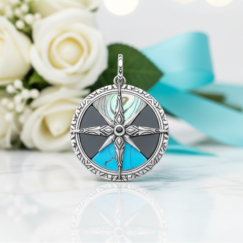 Turquoise Compass Vintage Pendant-Evani Jewelry