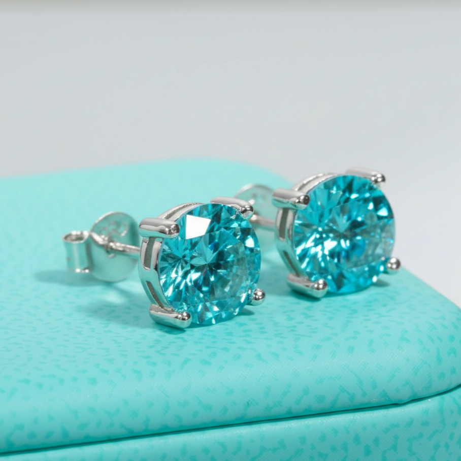 Turquoise gemstone earrings on a matching turquoise box