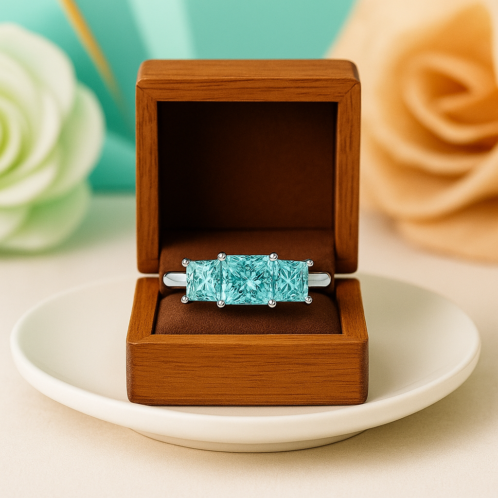 Turquoise gemstone ring in a wooden box on a white plate with flowers in the background