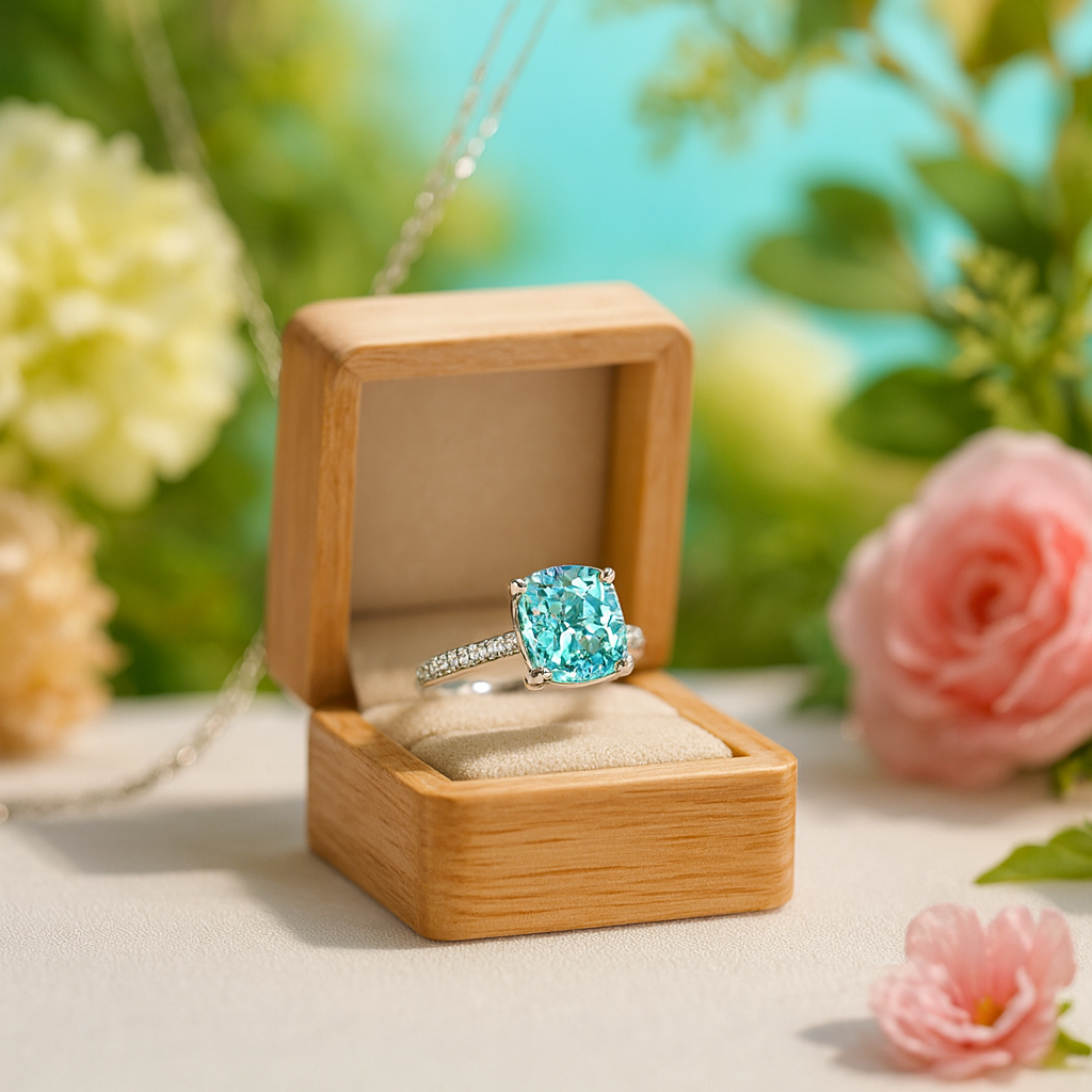 Turquoise gemstone ring in a wooden box with flowers in the background