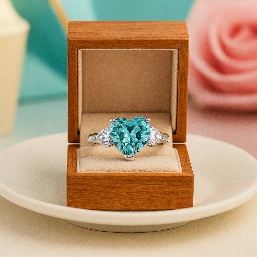 Turquoise heart-shaped gemstone ring in a wooden box on a beige plate with a blurred background