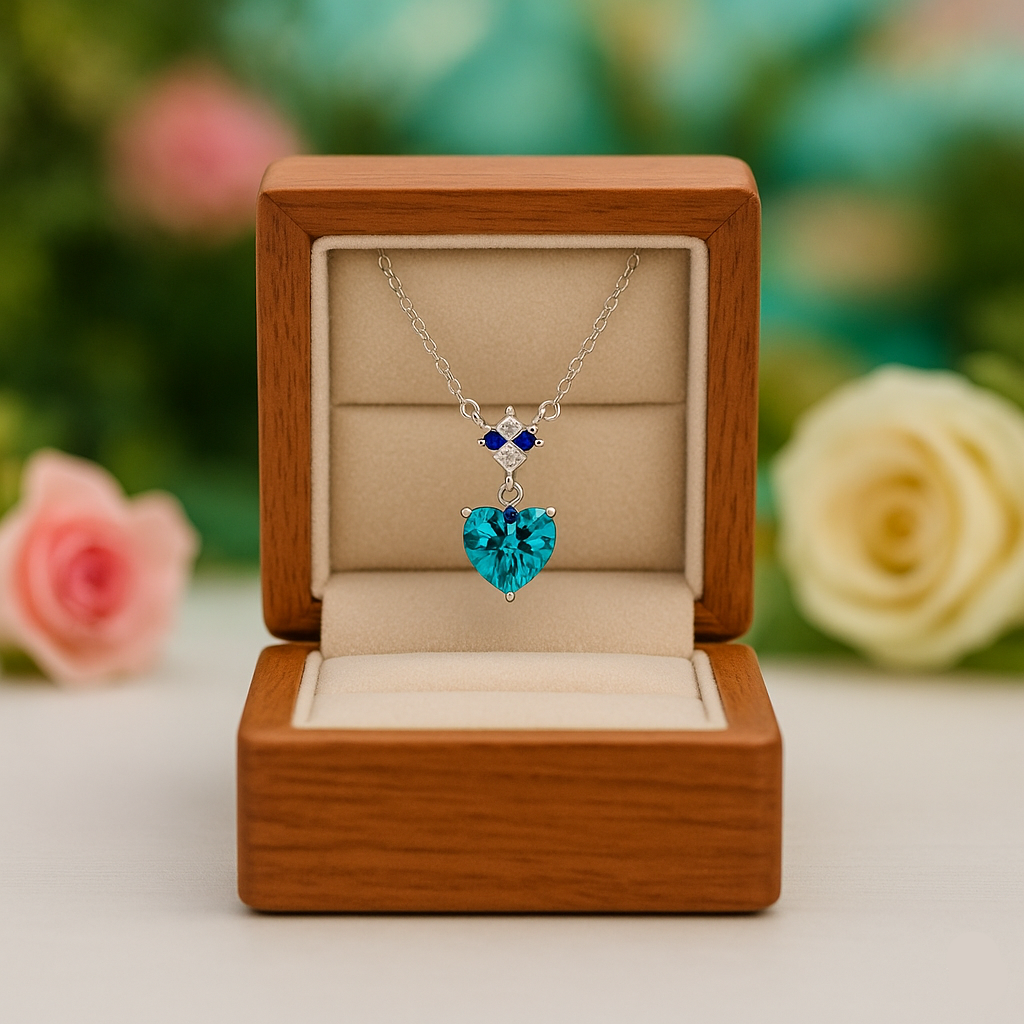 Turquoise heart-shaped necklace in a wooden box with flowers in the background