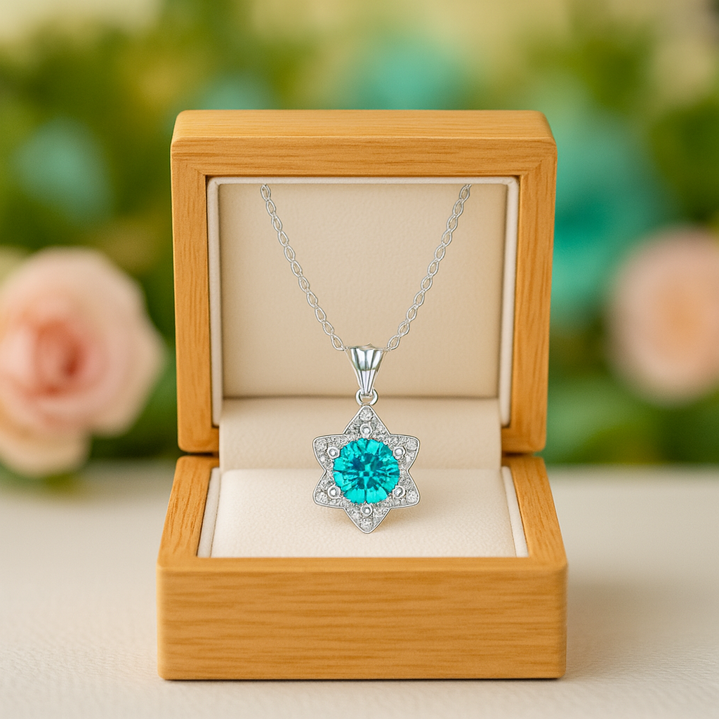 Turquoise pendant necklace in a wooden box with a floral background