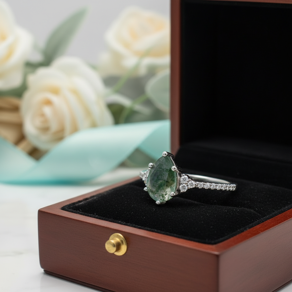 Twilight's Promise- Natural Princess Cut Moss Agate Ring