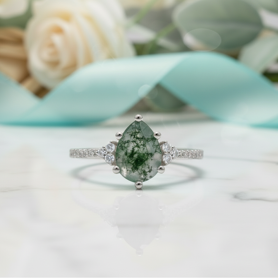 Twilight's Promise- Natural Princess Cut Moss Agate Ring