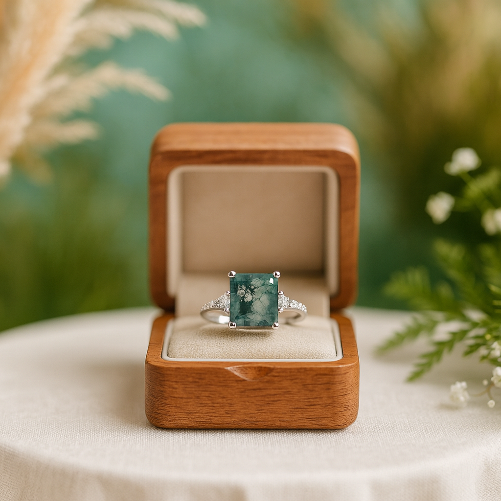 Twilight's Promise- Natural Princess Cut Moss Agate Ring-Evani Naomi Jewelry