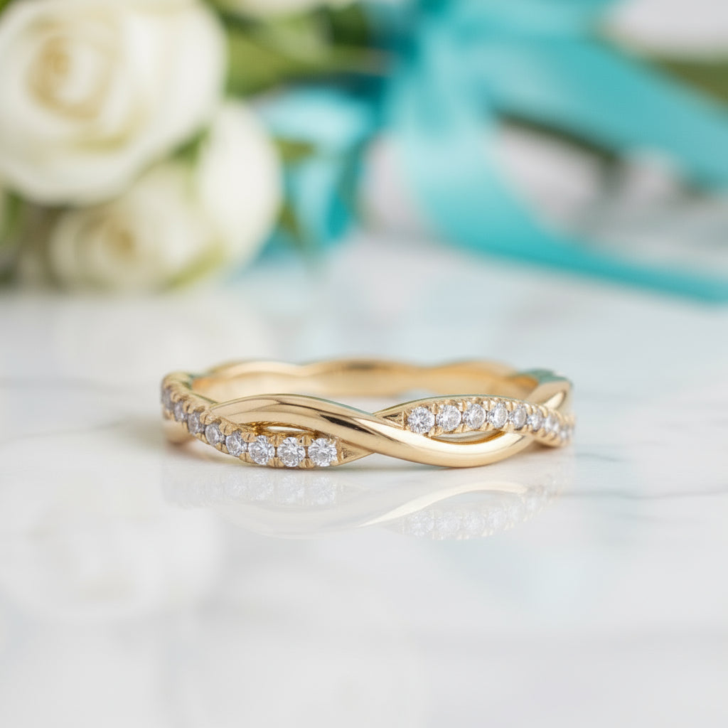 Twist Infinity Yellow Gold Diamond Birthstone Wedding Band-Evani Jewelry