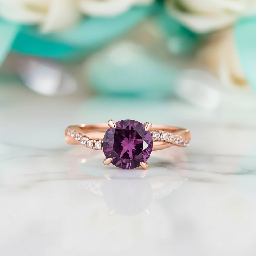 1.25 ct Twist Round Cut Amethyst Rose Gold Promise Ring