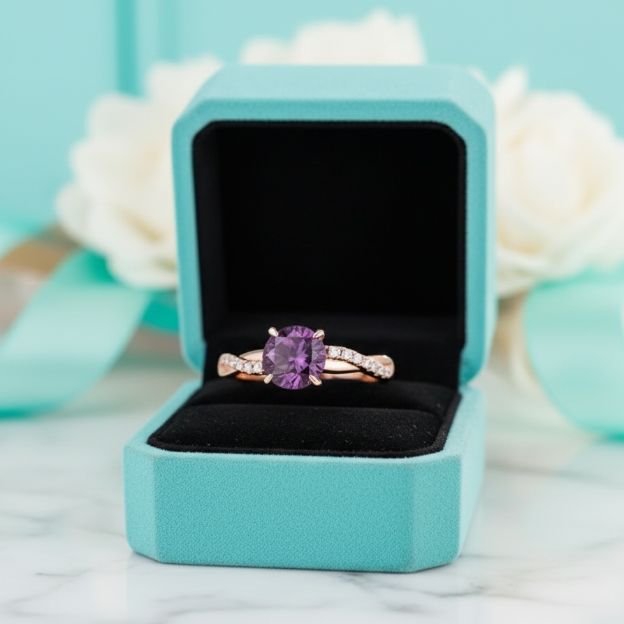 1.25 ct Twist Round Cut Amethyst Rose Gold Promise Ring-Evani Jewelry