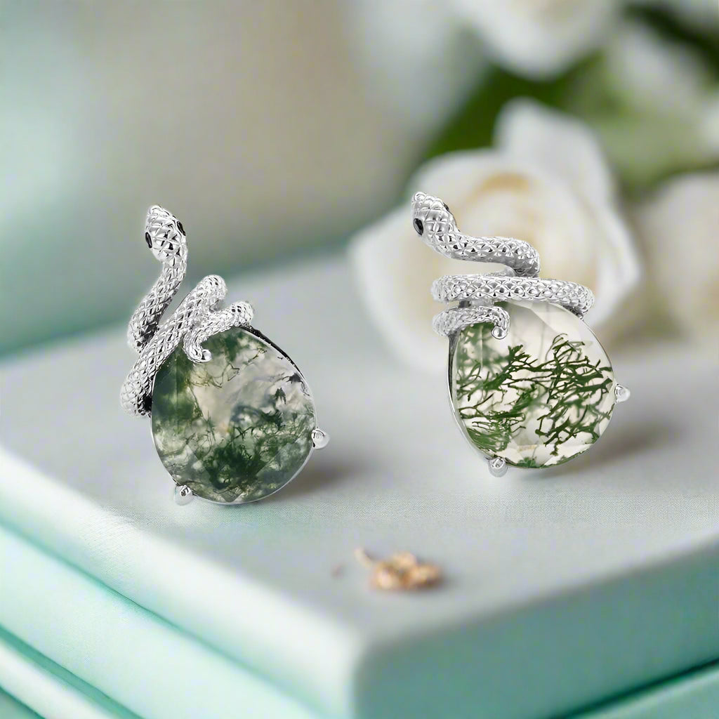 Two Lovers- Unique Snake Earrings Natural Moss Agate-Evani Naomi Jewelry